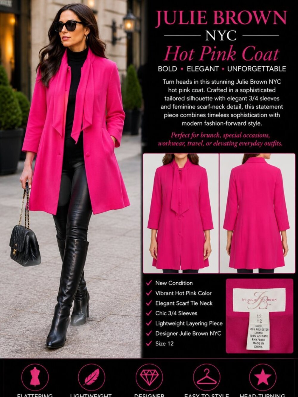 NEW Julie Brown NYC Hot Pink Light Coat Jacket Size 12 Elegant 3/4 Sleeve Chic